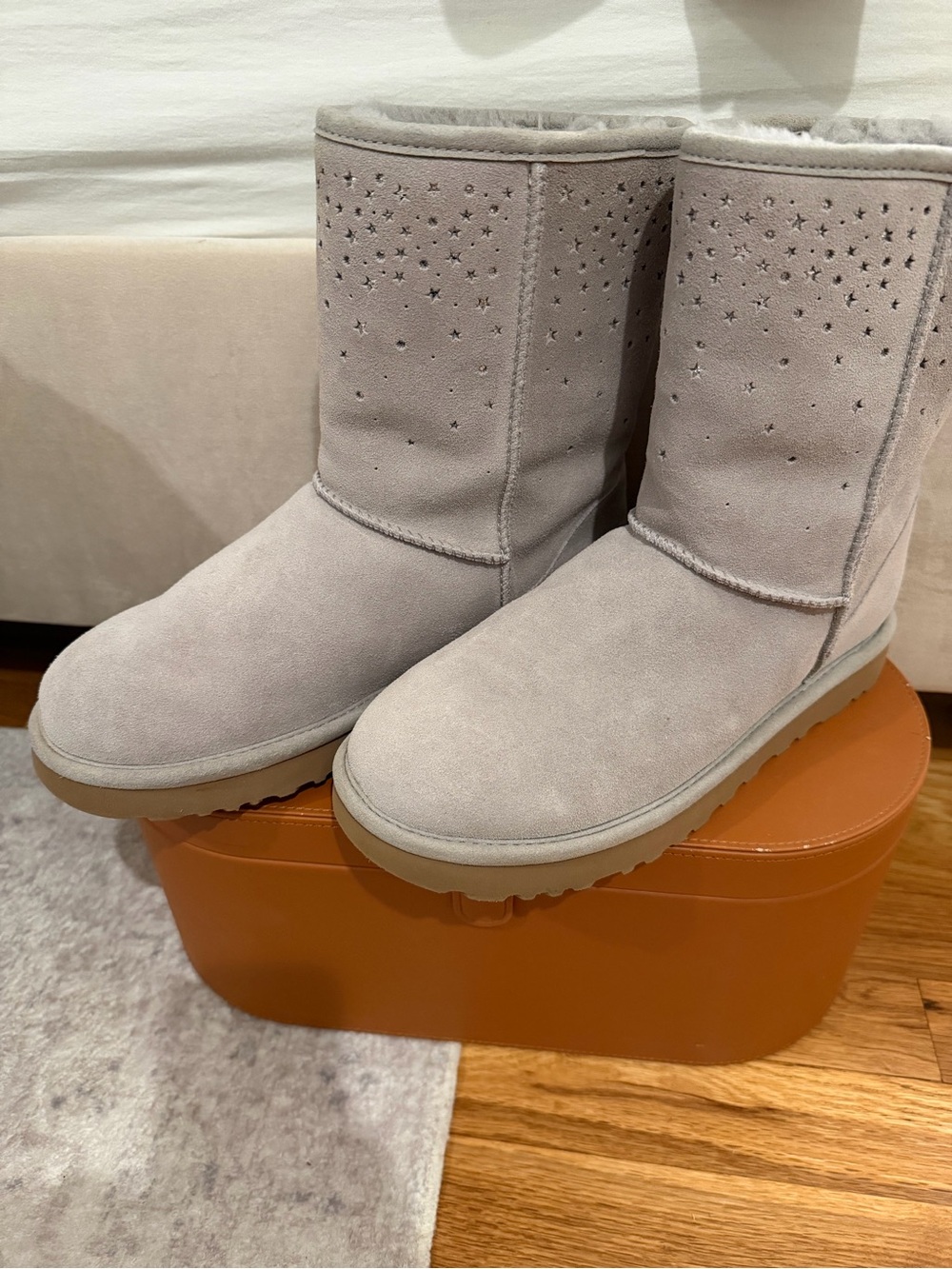 UGG Short Suede Ankle Boots with Star Perforation in Light Gray